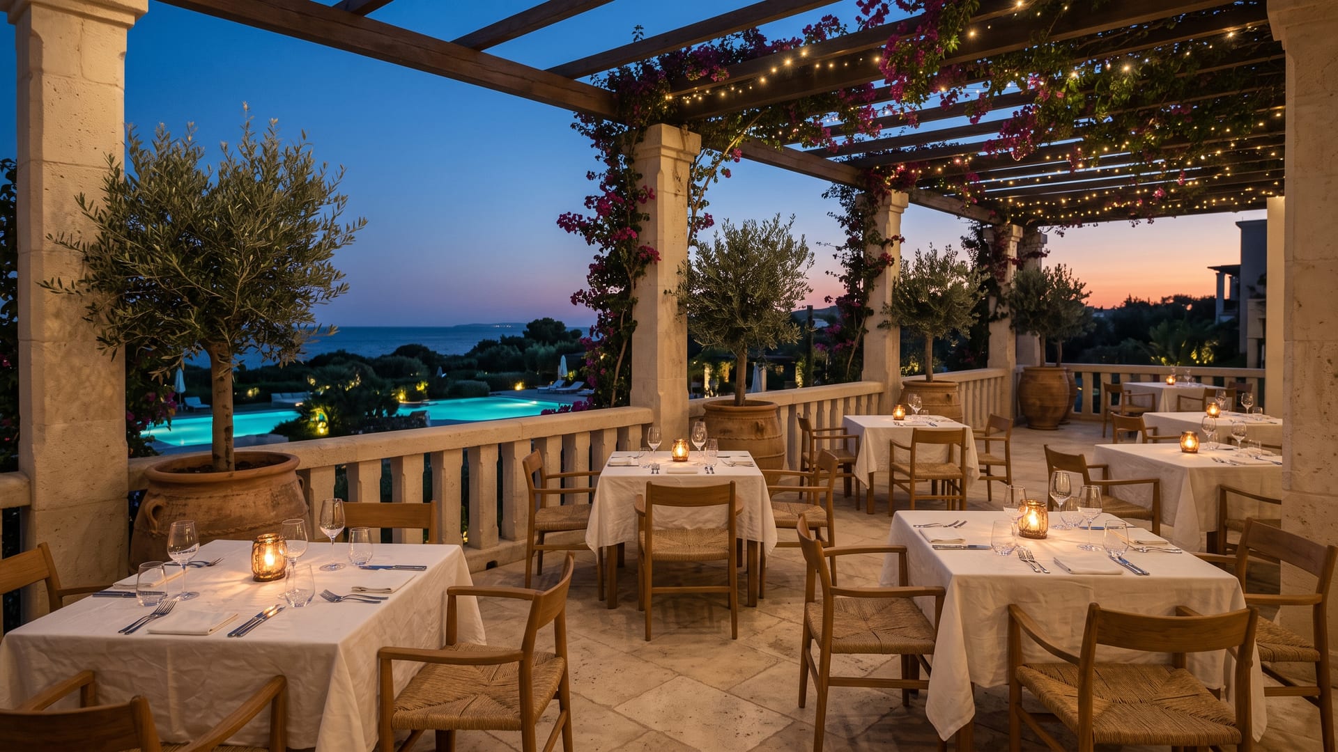 The pergola restaurant terrace above the pools and the sea